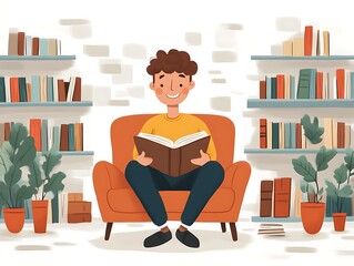 Happy man reading book in armchair, surrounded by bookshelves.