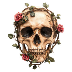 Fototapeta premium Skull Surrounded by Roses and Vines on a Transparent Background