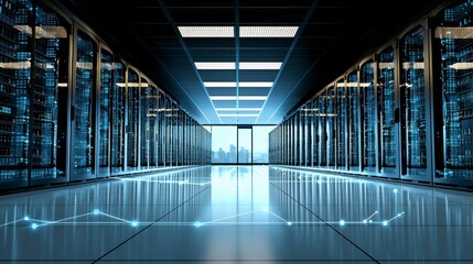 High-tech server room background with organized server racks, data storage units, and network cables, showcasing the efficient and secure environment for digital infrastructure.
