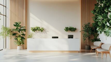 Serene Minimalist Office Reception Area with Abundant Greenery