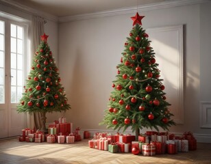 Classic Christmas tree with traditional red and green ornaments hung from its branches, evergreen branches, cozy ambiance,