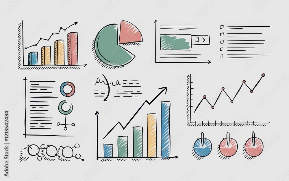 Poster hand drawn charts graphs and diagrams showing business analytics