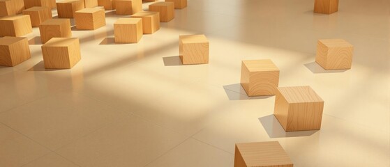 Obraz premium Classic wooden cubes on a seamless tile floor in warm tones, orange, brown, wood, vintage