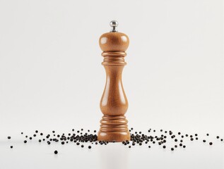 Classic wood pepper mill isolated on white background with black peppercorns, cooking essentials, professional kitchen, culinary traditions, chef's arsenal