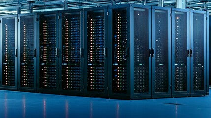 View of a modern server room with neatly organized racks, LED lights indicating active servers, and a cool blue tone creating a professional and secure data environment.