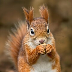 Obraz premium Close-up of a cute red squirrel holding a nut in its paws, foraging, mammal, outdoors, adorable, autumn
