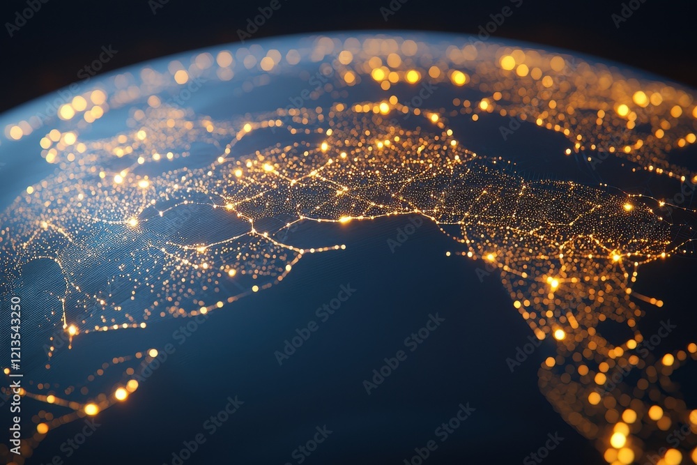 Poster dynamic global network visualization with glowing nodes in gigapixel detail