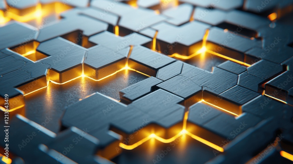 Poster close-up of glowing futuristic blockchain technology with 3d textures and highlights