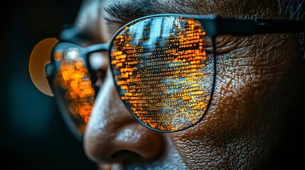 Focused Japanese man programming cyber security code in a high-tech office, his eyewear reflecting intricate coding as he works on detecting and preventing modern hacking attempts.