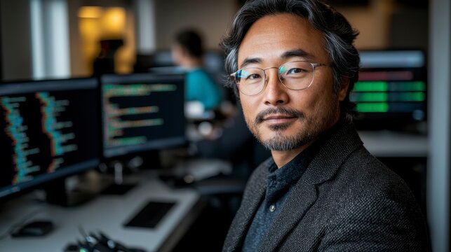 Asian man in a contemporary office setting, glasses reflecting code as he programs for cyber security, solving hacking problems and enhancing digital protection strategies.