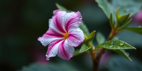 Obraz premium Close-up shot of a single blossom flower with dew drops and leaves for a natural look, close-up, blossom