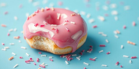 Close-up shot of a vibrant pink donut with a shiny glaze and scattered sprinkles on a bright blue surface, frosting, baking decor