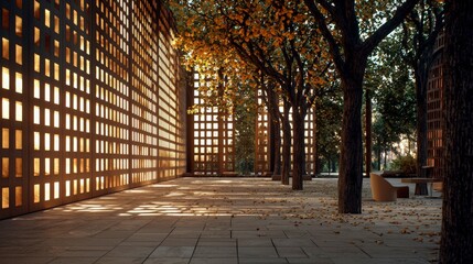Autumnal Courtyard with Illuminated Perforated Wall.