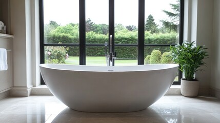 Serene Bathroom Oasis: Modern Freestanding Tub with Garden View