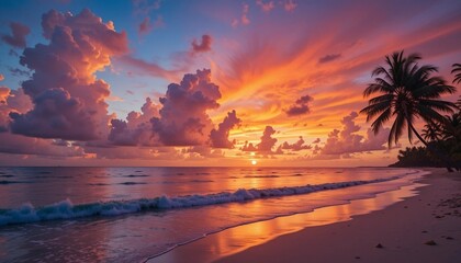 Stunning Tropical Sea Beach Sunset with Vibrant Clouds and Calm Waters.