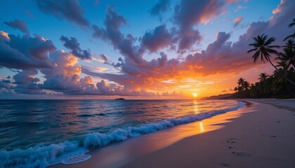 Stunning Tropical Sea Beach Sunset with Vibrant Clouds and Calm Waters.