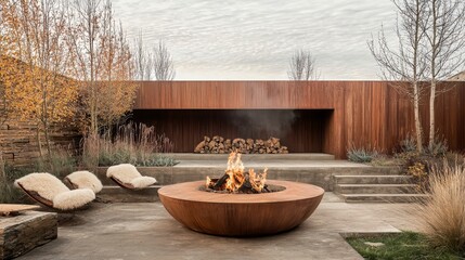 Modern Outdoor Fire Pit with Corten Steel and Concrete