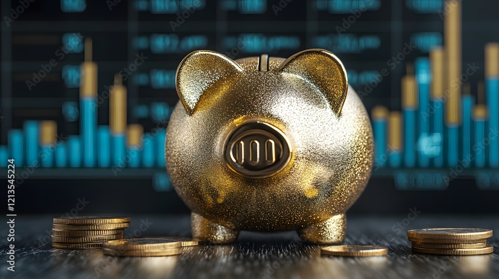 Poster a golden piggy bank with overlaying financial graphs and charts representing the concept of investme
