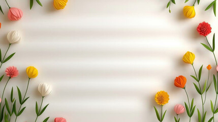 Colorful paper flowers arranged on light background, creating cheerful atmosphere