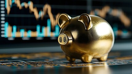 A golden piggy bank figurine positioned on top of various financial data charts and graphs representing the concept of investment and wealth management