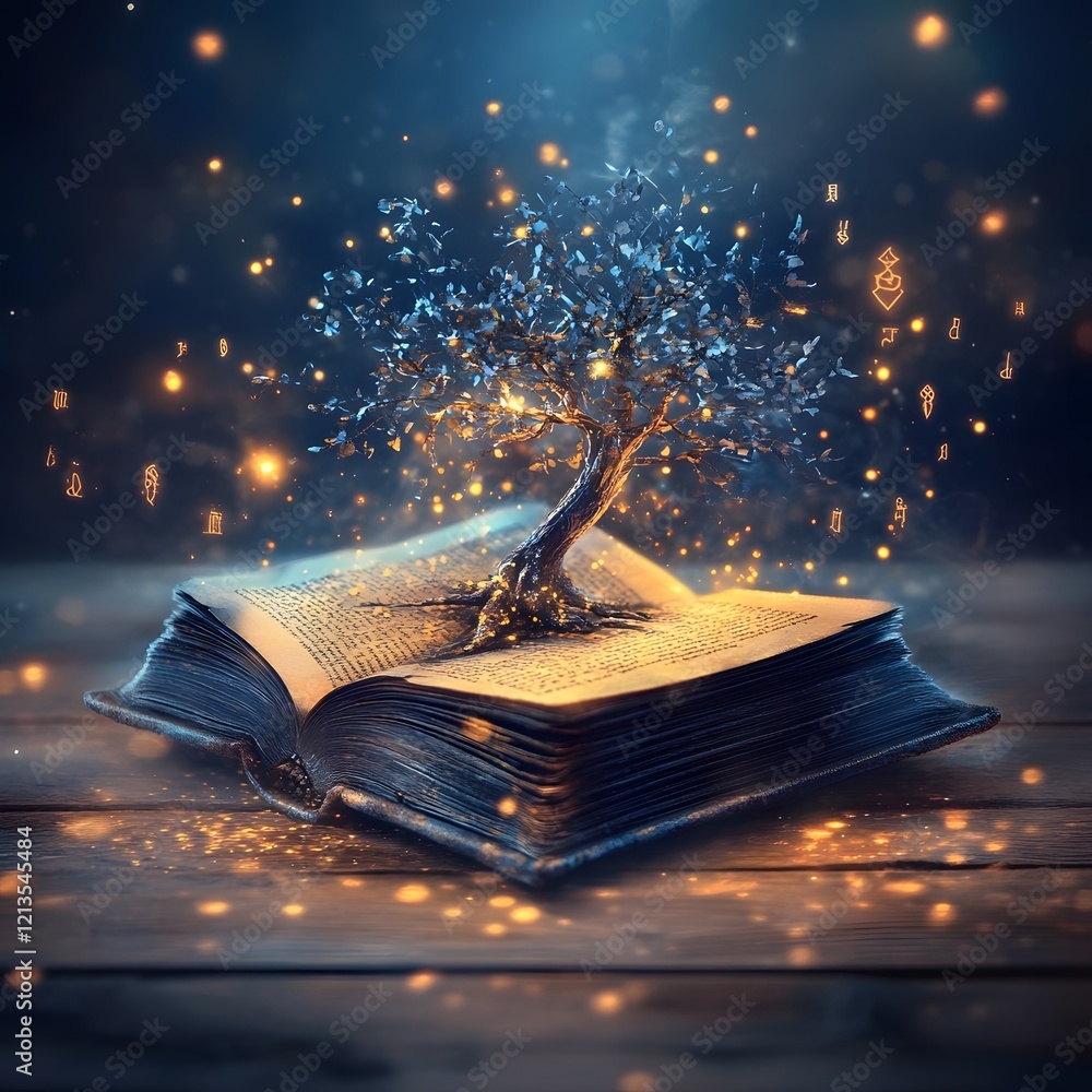 Poster surreal scene of an ancient book radiating golden and blue magical light with a mystical tree sprout