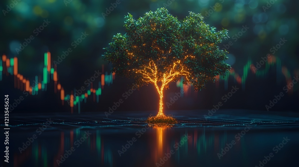 Poster glowing financial tree with branches reaching up from a reflection in a chart data visualization sym