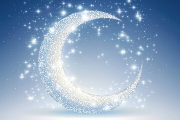 Shimmering Silver Crescent Moon with Sparkling Stars in Night Sky