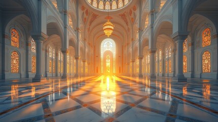 Sunlit Palace Hall Interior, Sunrise, Marble Floor, Game Design