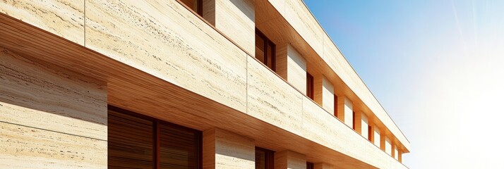 Modern Building Exterior with Beige Travertine Facade and Wooden Accents.