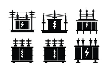 set of High voltage electrical transformer icon vector silhouette