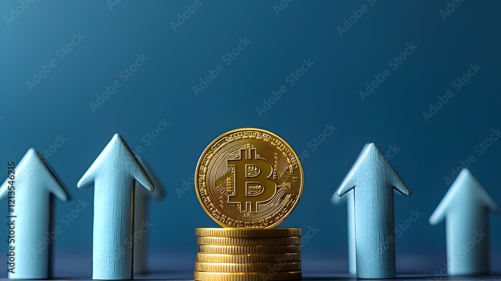 Poster of dynamic upward pointing arrows surrounding a centralized golden cryptocurrency coin representing 
