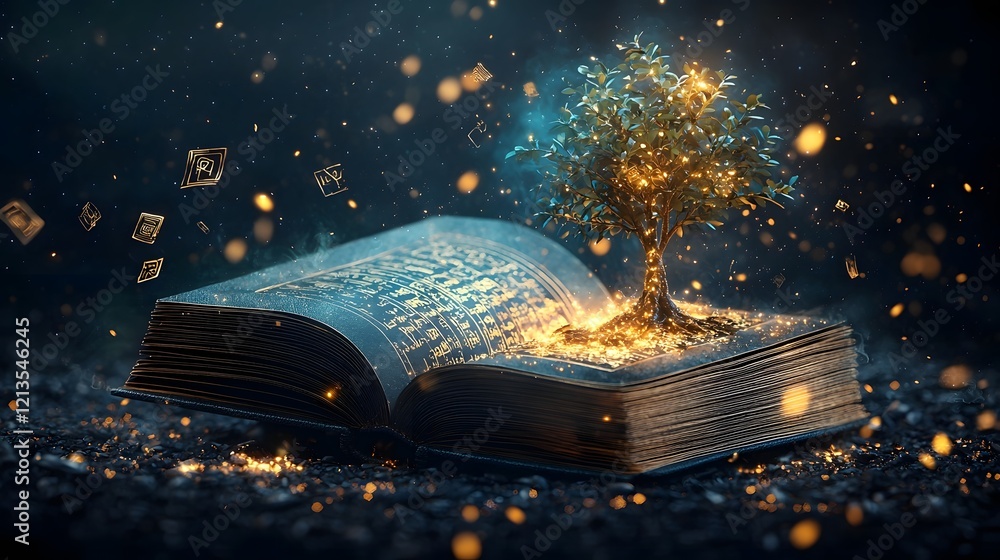 Poster mystical tome radiating golden and blue magical light with a tree of arcane knowledge sprouting from