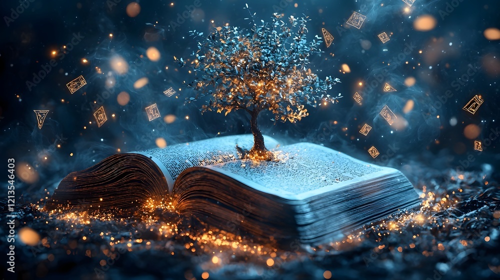 Poster an ancient magical tome radiating golden and blue light with a mystical tree sprouting from its cent