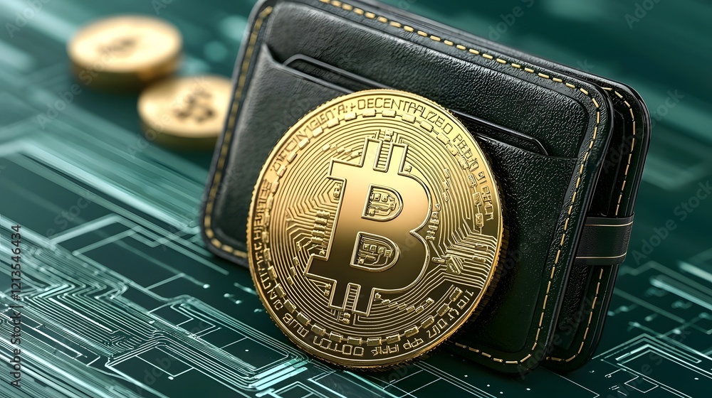 Poster flowing digital money streams feeding a virtual wallet with cryptocurrency blockchain and innovative