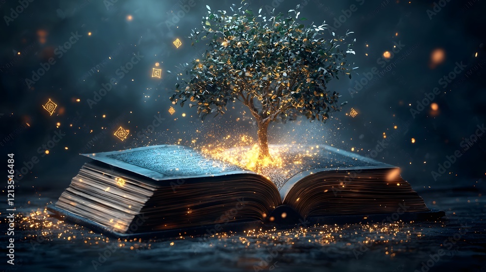 Poster a surreal and enchanting scene of an ancient book radiating golden and blue magical light with a mys