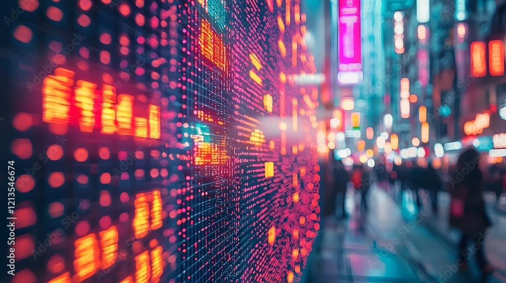 Poster futuristic digital trading boards blended with neon lights and a modern cityscape background the ima