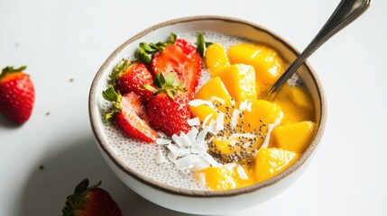 A vibrant bowl of mango coconut chia pudding topped with sliced strawberries, shredded coconut, and a drizzle of honey