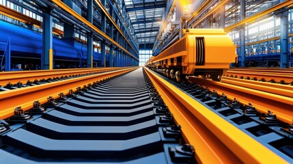 Fototapeta premium Vibrant Industrial Scene of Train Tracks and Equipment in Factory
