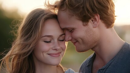Close-up of a romantic young boyfriend kissing his smiling beautiful girlfriend on the forehead while enjoying a peaceful weekend at sunset, sharing an intimate moment of love and affection outdoors
