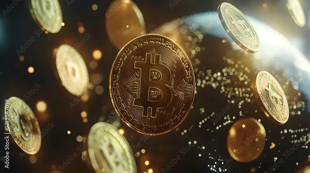 Poster virtual cryptocurrency and digital currency symbols such as bitcoin floating and orbiting around a d