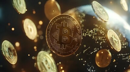 Virtual cryptocurrency and digital currency symbols such as bitcoin floating and orbiting around a digital globe representing the global decentralized