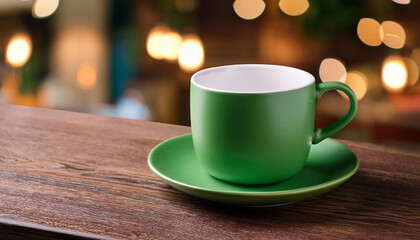 Obraz premium Coffee in green cup on wooden table in cafe with lighting background