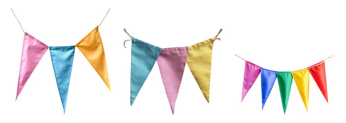 Obraz premium Colorful triangular party flags isolated on a transparent background
