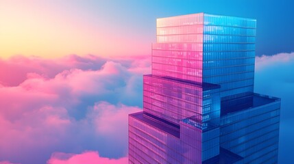 Futuristic multi layered portfolios depicted as levels of a financial skyscraper towering against a vibrant gradient sunset skyline with clouds  Conceptual image representing the growth investment
