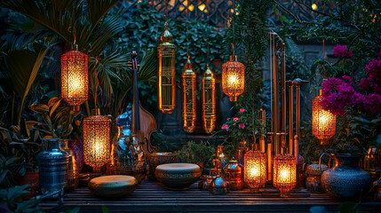 Illuminated lanterns and antique decor in a lush garden at night