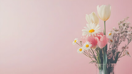 Fototapeta premium Delicate pastel tulips and daisies bouquet in a transparent glass vase with soft natural backdrop