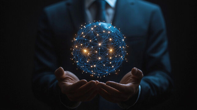 Businessman holding glowing global network sphere. - Powered by Adobe