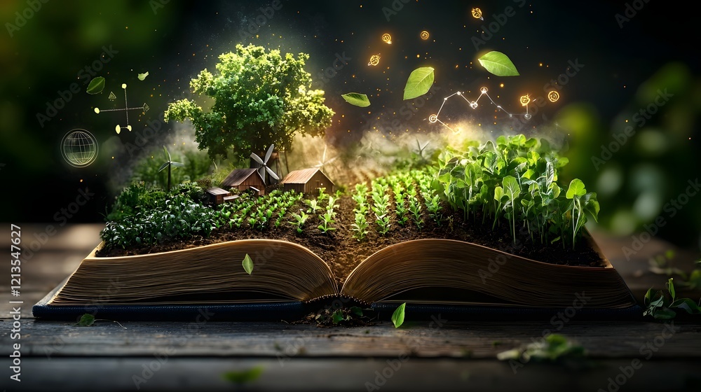 Poster a yet fantastical open book showing a vivid three dimensional farm landscape with rows of crops wind