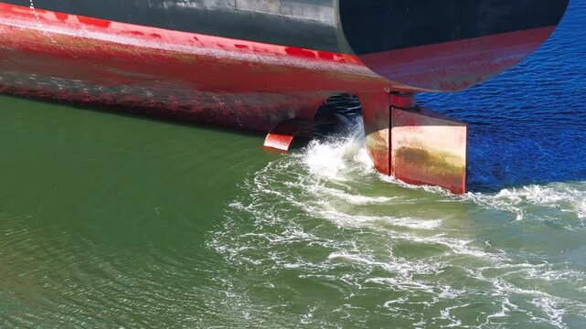Close up view of ship ducted propeller and rudder in action. Cargo ship with shallow draft. Black and red hull.