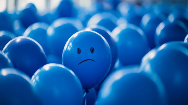 A blue balloon with a sad face drawn, floating on a blue background, symbolizing the emotional and mental state associated with Blue Monday, a day of melancholy and feelings of sadness